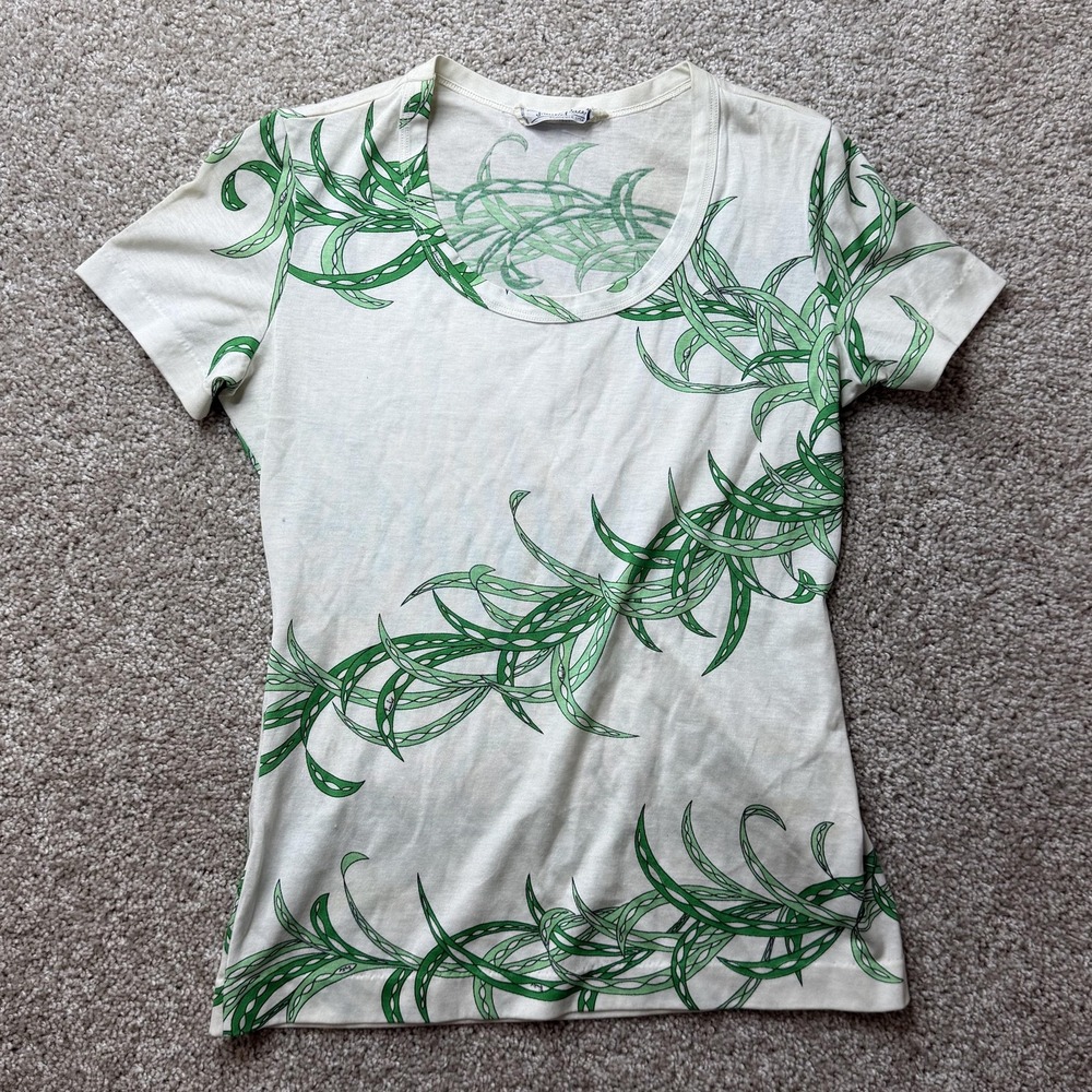 Vintage Italy Shirt Womens S White Green Floral Scoop Neck Short Sleeve Tee Top